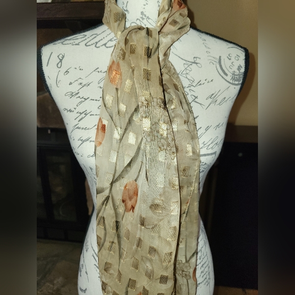 Silk scarf. Gold with minimal floral and gold thread accents. - Picture 3 of 3